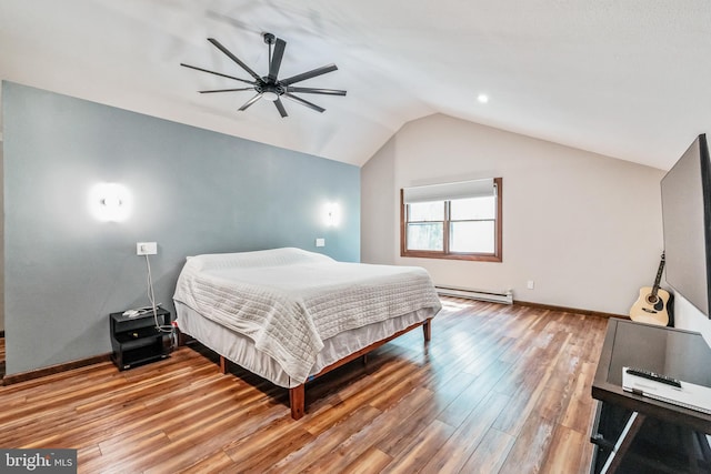 bedroom featuring light wood finished floors, a baseboard radiator, lofted ceiling, ceiling fan, and baseboards