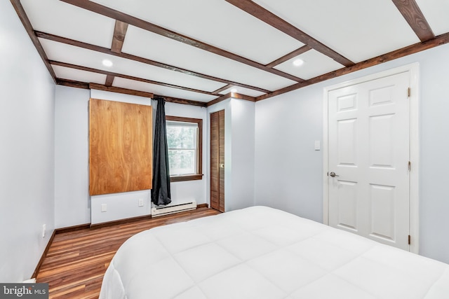 bedroom featuring baseboards, wood finished floors, a baseboard heating unit, beam ceiling, and recessed lighting