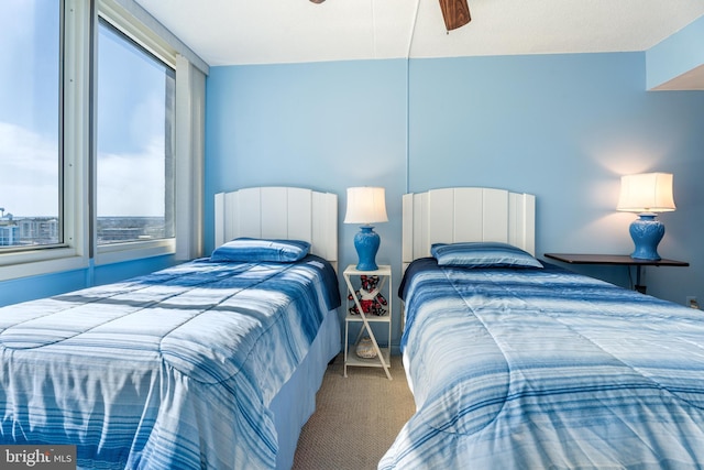 bedroom with a ceiling fan and carpet flooring