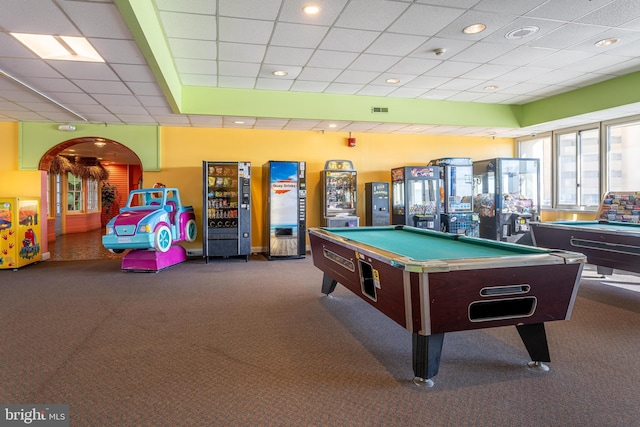 recreation room featuring a paneled ceiling, visible vents, billiards, and carpet flooring