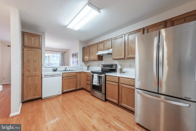 kitchen with under cabinet range hood, a sink, light countertops, appliances with stainless steel finishes, and light wood-type flooring