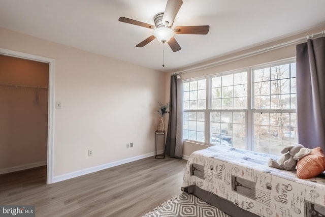 bedroom with a spacious closet, multiple windows, light wood-style flooring, and baseboards