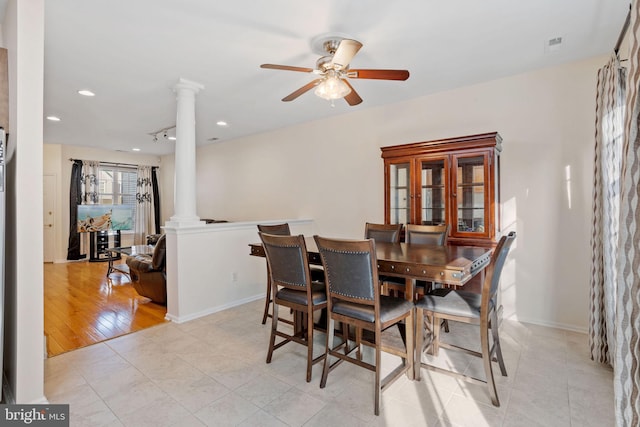 dining space with a ceiling fan, recessed lighting, baseboards, and ornate columns