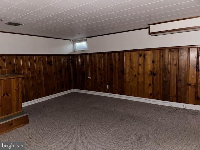 basement with wood walls, carpet, visible vents, and wainscoting