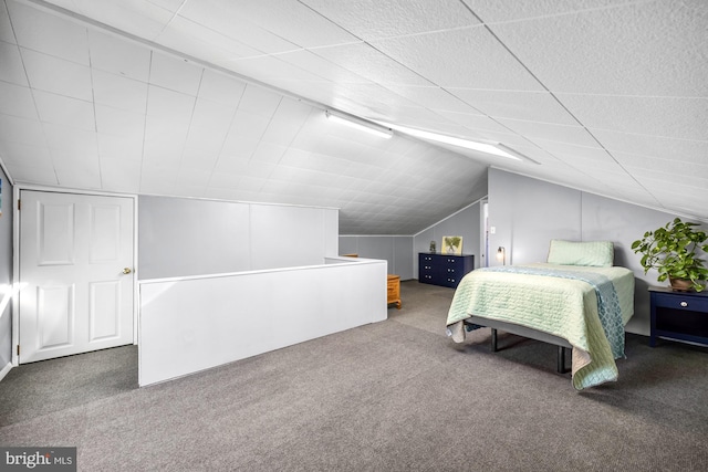 bedroom featuring lofted ceiling and carpet