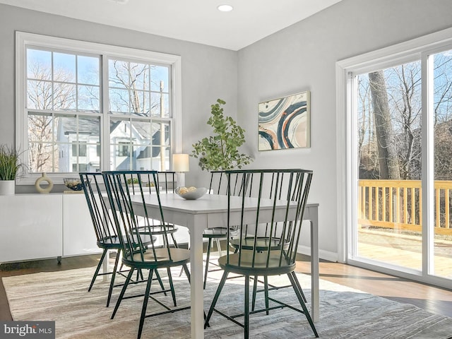 dining room featuring baseboards, wood finished floors, and recessed lighting