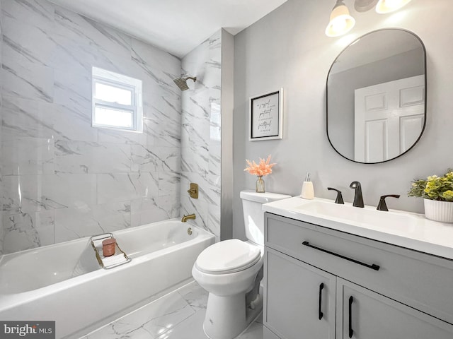 full bath featuring  shower combination, marble finish floor, vanity, and toilet