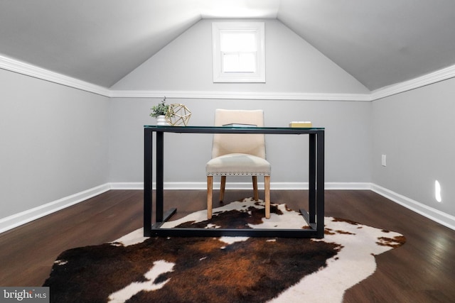 office featuring lofted ceiling, baseboards, and wood finished floors