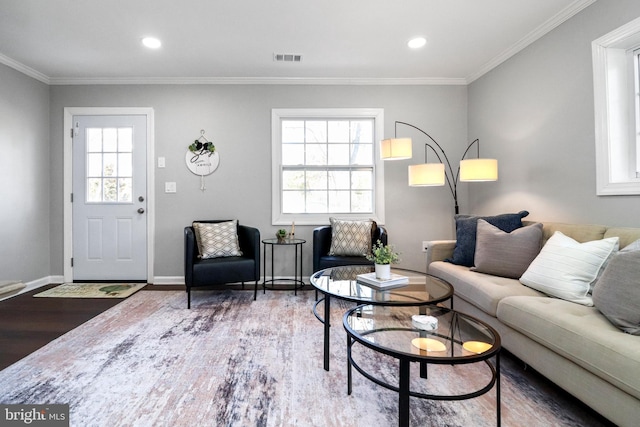 living room featuring crown molding, wood finished floors, and a healthy amount of sunlight