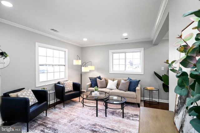 living area with ornamental molding, plenty of natural light, and visible vents