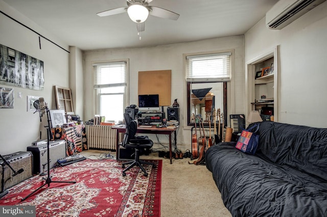 home office with a wealth of natural light, a wall unit AC, and ceiling fan