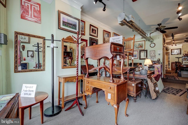 interior space featuring ceiling fan and ornamental molding