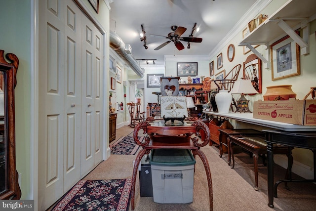 interior space featuring ceiling fan, carpet floors, ornamental molding, and track lighting