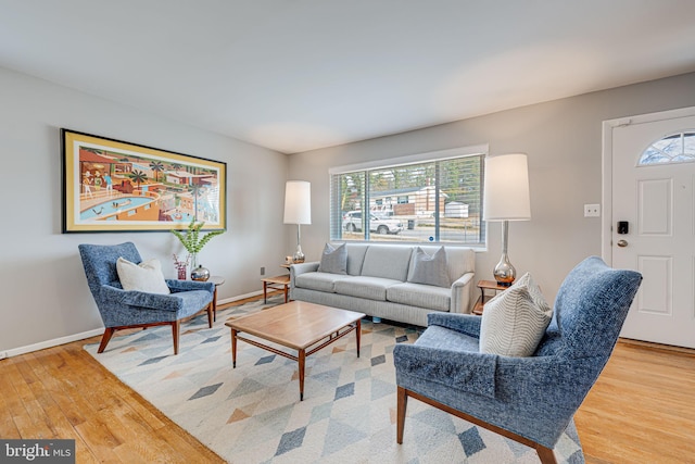 living room with baseboards and wood finished floors