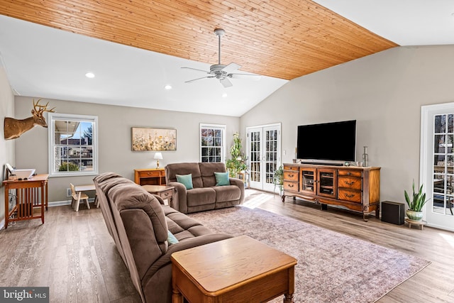 living room featuring a ceiling fan, wood ceiling, wood finished floors, vaulted ceiling, and recessed lighting