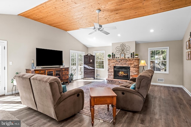 living area featuring vaulted ceiling, a fireplace, plenty of natural light, and wood finished floors