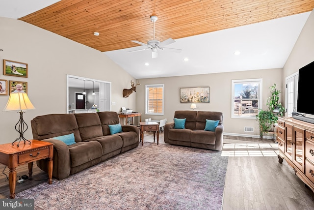 living area with lofted ceiling, wooden ceiling, wood finished floors, and visible vents