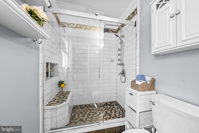 bathroom featuring a stall shower and toilet