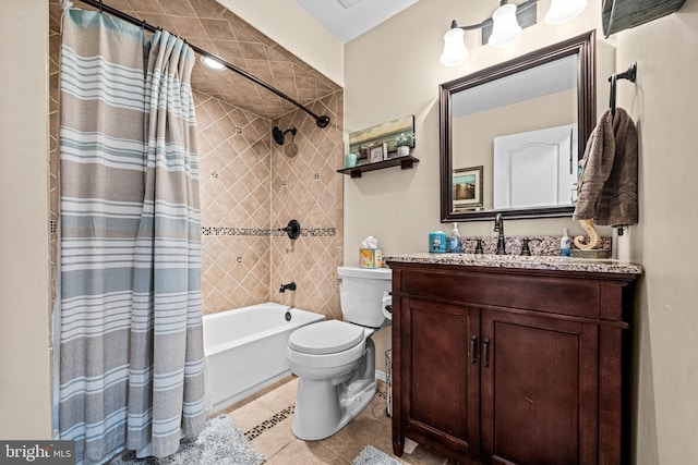 bathroom featuring shower / tub combo, tile patterned flooring, vanity, and toilet