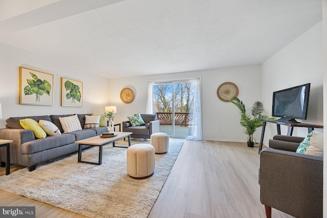 living room featuring a textured ceiling, wood finished floors, and baseboards