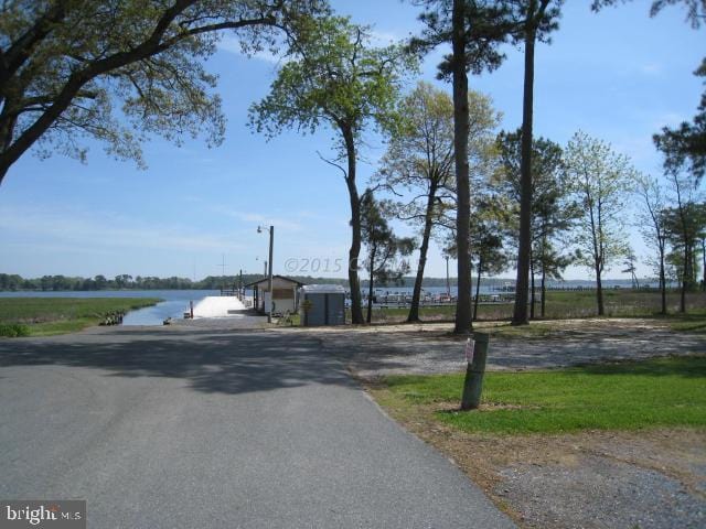 view of street with a water view