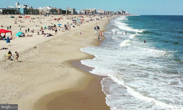 property view of water featuring a view of city and a beach view