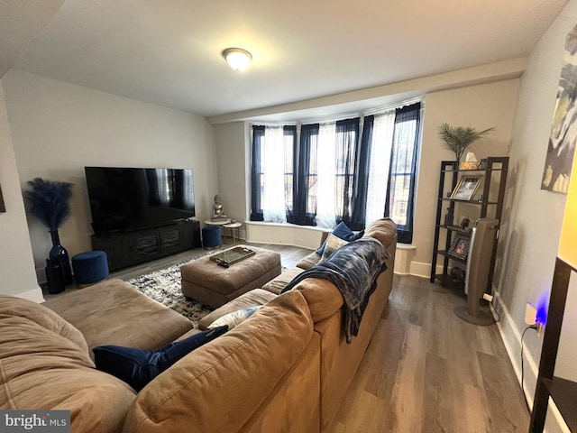 living area with wood finished floors and baseboards