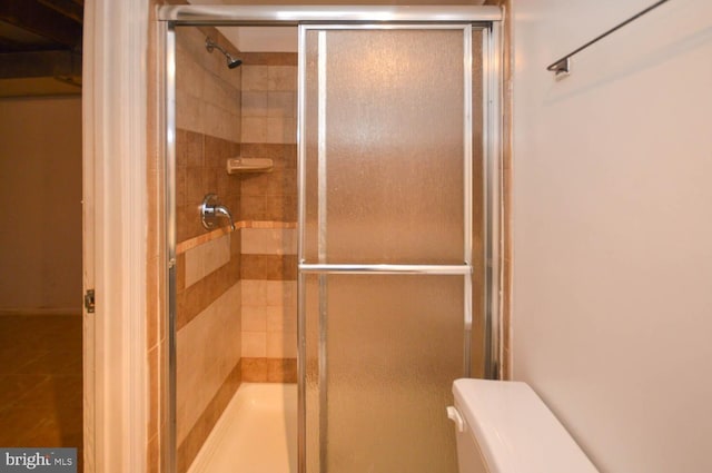 full bathroom featuring a shower stall and toilet