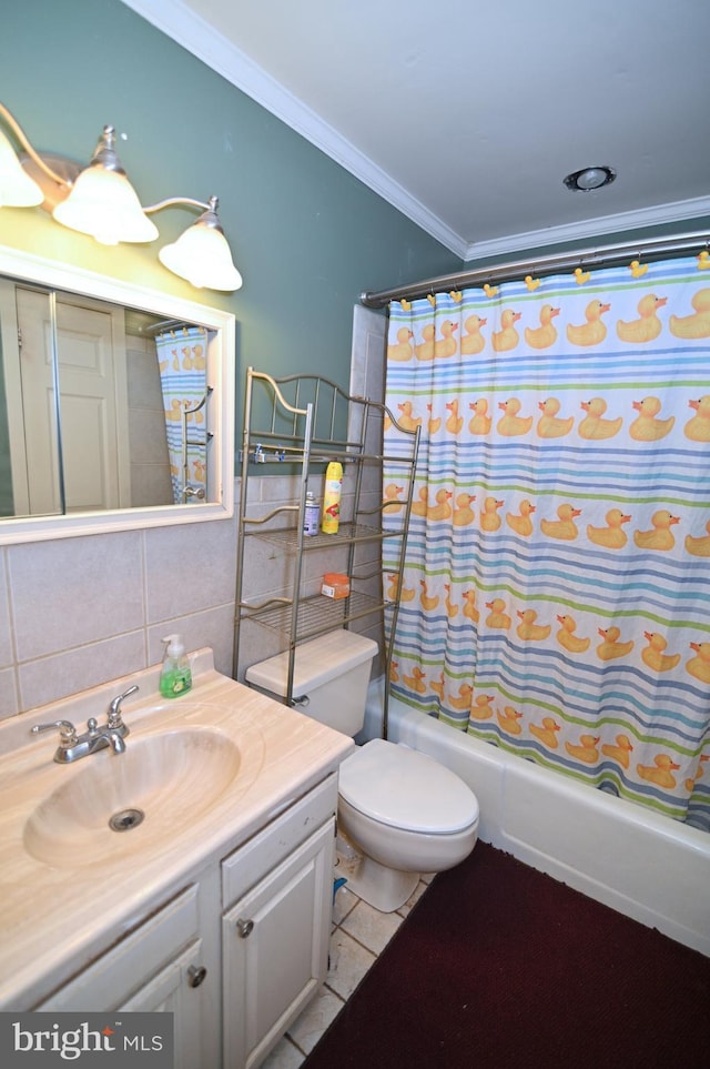 bathroom featuring tile walls, vanity, ornamental molding, decorative backsplash, and shower / bathtub combination with curtain