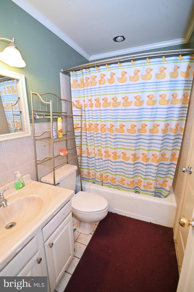 full bathroom with tile walls, shower / bath combination with curtain, toilet, ornamental molding, and vanity