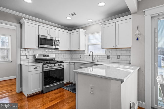 kitchen featuring decorative backsplash, appliances with stainless steel finishes, wood finished floors, white cabinetry, and a sink