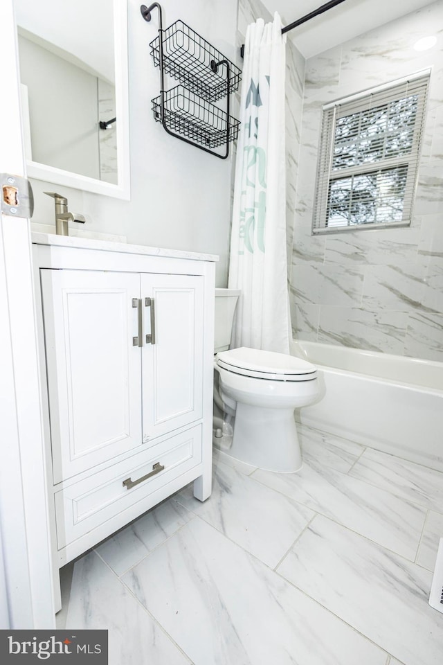 916 Phillip Powers Dr, Laurel, MD 20707 - bathroom featuring marble finish floor, vanity, shower / bath combination with curtain, and toilet
