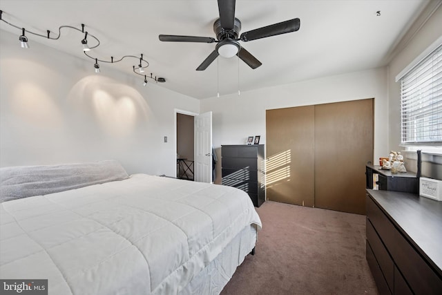 carpeted bedroom featuring a ceiling fan and a closet