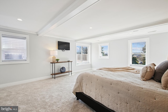 bedroom with visible vents, baseboards, beamed ceiling, carpet, and recessed lighting