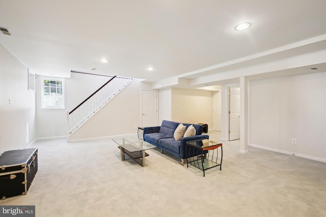 living area with baseboards, visible vents, stairway, carpet flooring, and recessed lighting