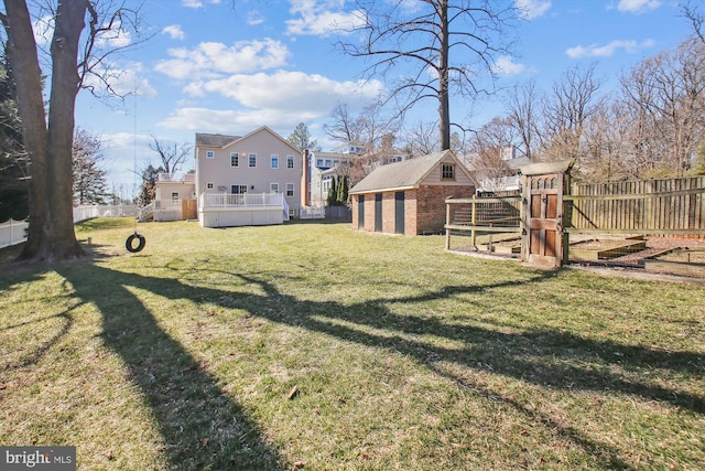 view of yard with an outdoor structure and a fenced backyard