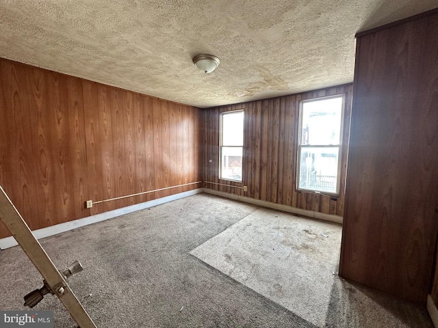 empty room with a textured ceiling, carpet floors, wood walls, and baseboards