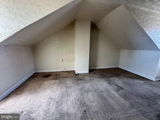 additional living space with lofted ceiling, carpet, a textured ceiling, and baseboards