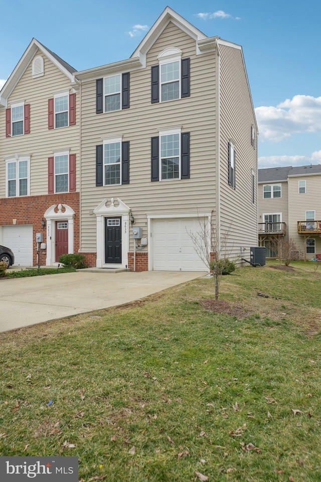 view of property with driveway, a garage, cooling unit, and a front yard