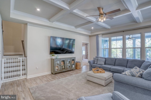 living room with stairway, wood finished floors, coffered ceiling, beamed ceiling, and baseboards