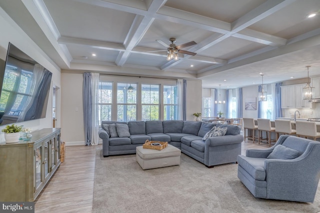 living area with a wealth of natural light, coffered ceiling, beamed ceiling, and recessed lighting