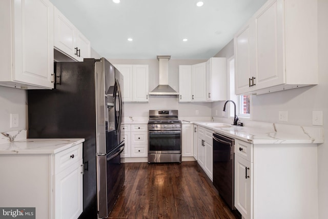 kitchen with white cabinets, wall chimney exhaust hood, stainless steel appliances, and dark wood finished floors