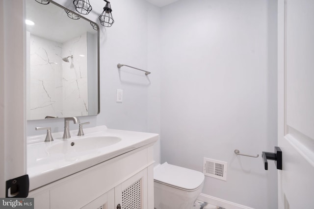 bathroom with toilet, visible vents, walk in shower, and vanity