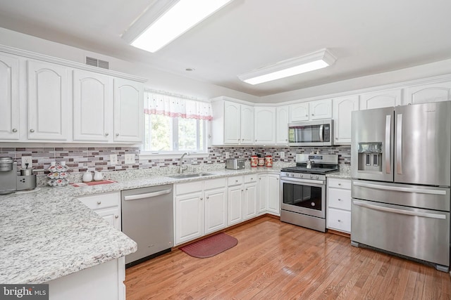 kitchen featuring stainless steel appliances, a sink, white cabinetry, light wood-style floors, and backsplash