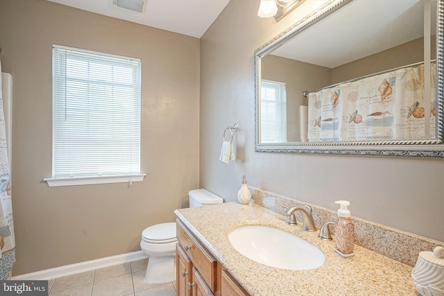 full bathroom with toilet, tile patterned floors, vanity, baseboards, and a shower with curtain