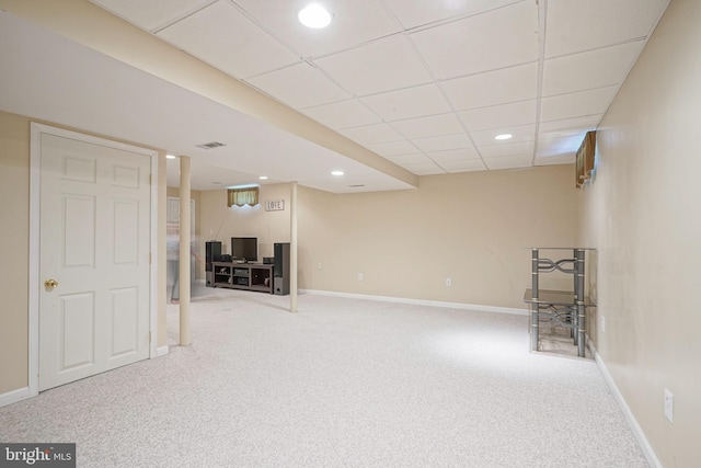 interior space with baseboards, visible vents, a drop ceiling, carpet flooring, and recessed lighting