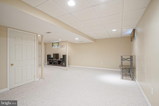 interior space featuring recessed lighting, carpet flooring, visible vents, and baseboards