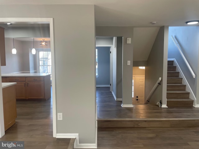 staircase with baseboards and wood finished floors