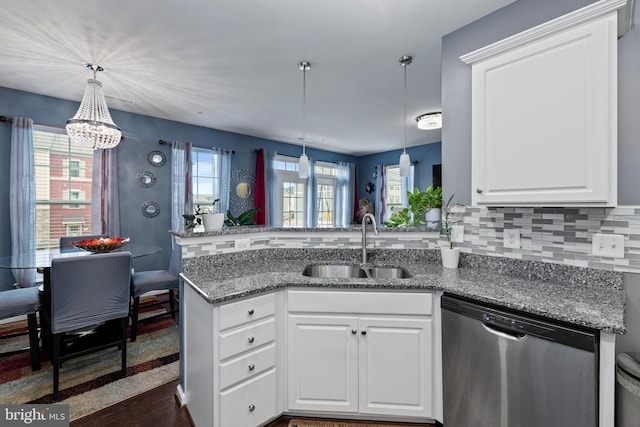 kitchen featuring tasteful backsplash, dishwasher, a peninsula, white cabinetry, and a sink