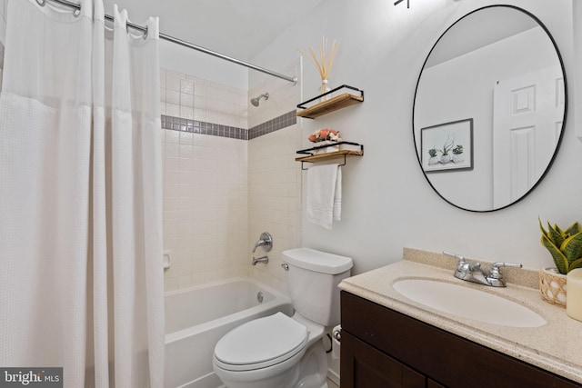 bathroom with toilet, vanity, and shower / bathtub combination with curtain